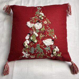 Holiday Wool Blend Embellished Christmas Tree Throw Pillow Zip Cover 16”x16”